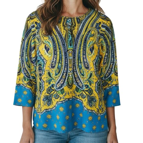 Isaac Mizrahi Paisley Print Cardigan Sweater Blue Yellow Stretch 3/4 Sleeve XL - Picture 12 of 12
